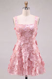 Pink Square Neck 3D Flower Applique A Line Homecoming Dress