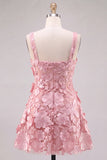 Pink Square Neck 3D Flower Applique A Line Homecoming Dress