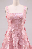 Pink Square Neck 3D Flower Applique A Line Homecoming Dress