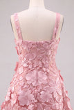 Pink Square Neck 3D Flower Applique A Line Homecoming Dress