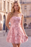 Pink Square Neck 3D Flower Applique A Line Homecoming Dress