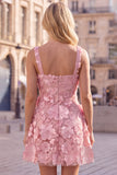 Pink Square Neck 3D Flower Applique A Line Homecoming Dress