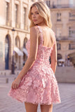 Pink Square Neck 3D Flower Applique A Line Homecoming Dress