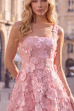 Pink Square Neck 3D Flower Applique A Line Homecoming Dress