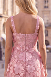 Pink Square Neck 3D Flower Applique A Line Homecoming Dress