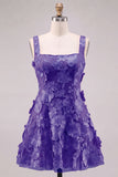 Pink Square Neck 3D Flower Applique A Line Homecoming Dress