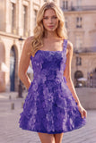 Pink Square Neck 3D Flower Applique A Line Homecoming Dress