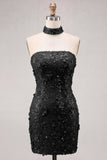 Light Blue Strapless Sequin 3D Flower Bodycon Homecoming Dress with Choker