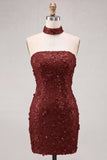 Light Blue Strapless Sequin 3D Flower Bodycon Homecoming Dress with Choker