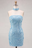 Light Blue Strapless Sequin 3D Flower Bodycon Homecoming Dress with Choker