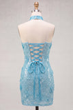 Light Blue Strapless Sequin 3D Flower Bodycon Homecoming Dress with Choker