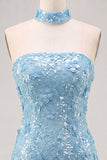 Light Blue Strapless Sequin 3D Flower Bodycon Homecoming Dress with Choker
