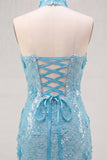 Light Blue Strapless Sequin 3D Flower Bodycon Homecoming Dress with Choker