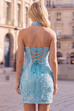 Light Blue Strapless Sequin 3D Flower Bodycon Homecoming Dress with Choker