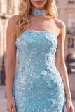 Light Blue Strapless Sequin 3D Flower Bodycon Homecoming Dress with Choker