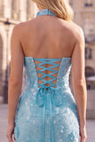 Light Blue Strapless Sequin 3D Flower Bodycon Homecoming Dress with Choker
