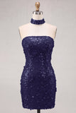 Light Blue Strapless Sequin 3D Flower Bodycon Homecoming Dress with Choker