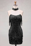 Off the Shoulder Sequin 3D Flower Fringed Bodycon Black Homecoming Dress