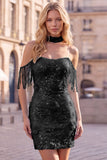 Off the Shoulder Sequin 3D Flower Fringed Bodycon Black Homecoming Dress
