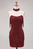 Off the Shoulder Sequin 3D Flower Fringed Bodycon Black Homecoming Dress