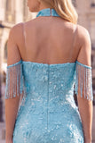 Off the Shoulder Sequin 3D Flower Fringed Bodycon Black Homecoming Dress