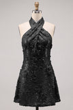 Halter Gold Backless 3D Flower Sequin Homecoming Dress