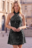 Halter Gold Backless 3D Flower Sequin Homecoming Dress