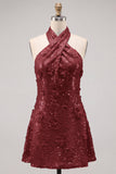 Halter Gold Backless 3D Flower Sequin Homecoming Dress