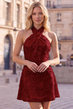 Halter Gold Backless 3D Flower Sequin Homecoming Dress