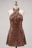 Halter Gold Backless 3D Flower Sequin Homecoming Dress