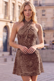 Halter Gold Backless 3D Flower Sequin Homecoming Dress