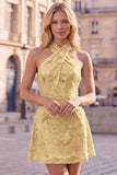 Halter Gold Backless 3D Flower Sequin Homecoming Dress