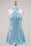 Halter Gold Backless 3D Flower Sequin Homecoming Dress