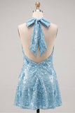 Halter Gold Backless 3D Flower Sequin Homecoming Dress