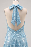 Halter Gold Backless 3D Flower Sequin Homecoming Dress