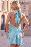 Halter Gold Backless 3D Flower Sequin Homecoming Dress