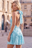 Halter Gold Backless 3D Flower Sequin Homecoming Dress
