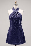 Halter Gold Backless 3D Flower Sequin Homecoming Dress