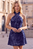 Halter Gold Backless 3D Flower Sequin Homecoming Dress