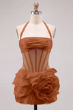 Pink Halter Corset 3D Flower Ruffle Short Homecoming Dress