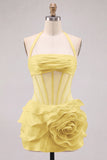 Pink Halter Corset 3D Flower Ruffle Short Homecoming Dress