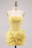 Pink Halter Corset 3D Flower Ruffle Short Homecoming Dress