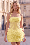 Pink Halter Corset 3D Flower Ruffle Short Homecoming Dress