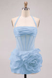 Pink Halter Corset 3D Flower Ruffle Short Homecoming Dress