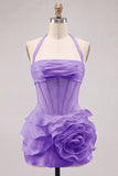 Pink Halter Corset 3D Flower Ruffle Short Homecoming Dress