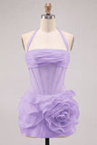 Pink Halter Corset 3D Flower Ruffle Short Homecoming Dress