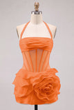 Pink Halter Corset 3D Flower Ruffle Short Homecoming Dress