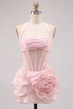 Pink Halter Corset 3D Flower Ruffle Short Homecoming Dress