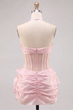 Pink Halter Corset 3D Flower Ruffle Short Homecoming Dress