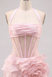 Pink Halter Corset 3D Flower Ruffle Short Homecoming Dress